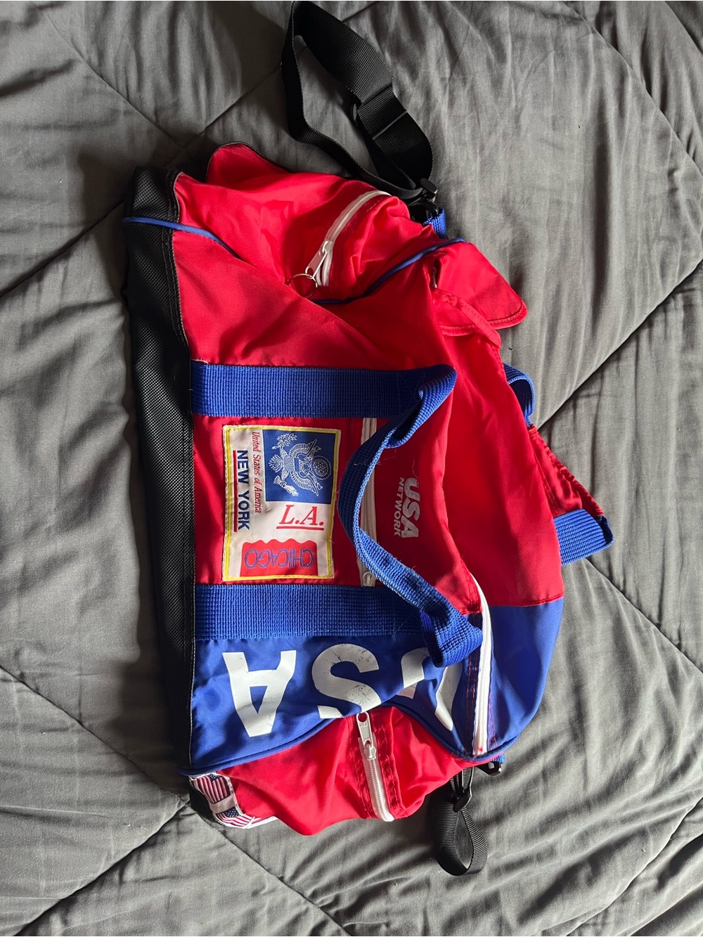 Red and Blue USA Patch Duffle Bag